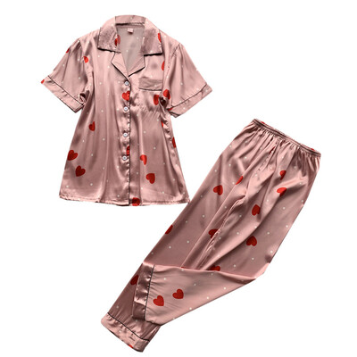 

Toponeto Women Simulation Silk Print Pajamas Sleepwear Long Trousers Nightwear Set