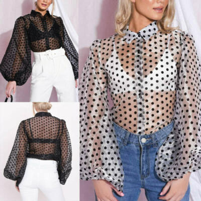 New Women Polka Dot Sheer See-through Long Puff Sleeve Tops Blouse Club T-Shirts