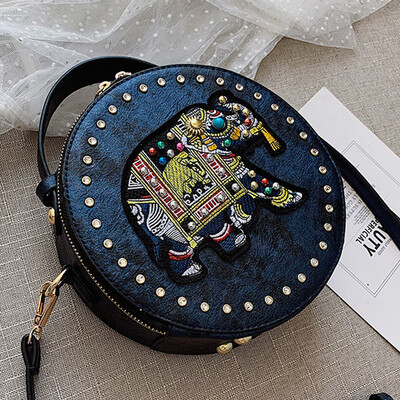 

Diamond small round bag 2019 new summer Joker Korean elephant embroidery rivet Messenger bag shoulder bag