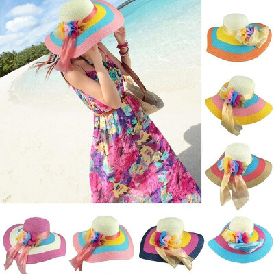 

New Fashion Women Straw Hat Foldable Wide Floppy Brim Colorful Sunhat Beach Cap