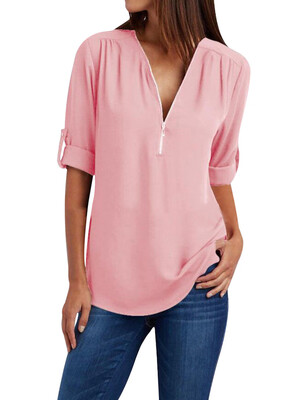 

Women Tops Casual Street Half Sleeve V-Neck Blouse Loose Plus Size Zipper Chiffon Blouse Shirts