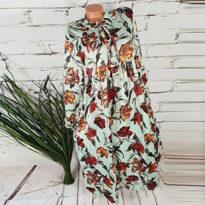 

Tailored Fashion Women Casual Plus Size Flower Print Lace up Long Sleeve Loose Dress