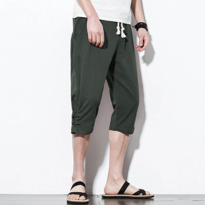 

Tailored Mens Summer Fashion Leisure Pure Color Button Linen Loose Calf-Length Pants