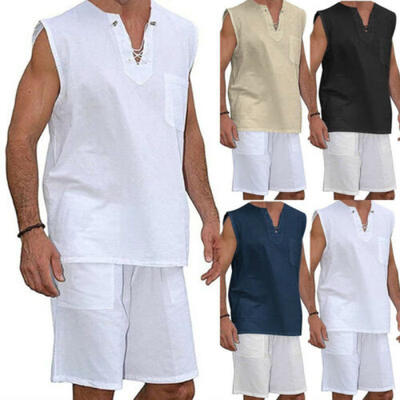 

Summer Mens Cotton Linen T Shirt Henley Tops Casual Loose V Neck Sleeveless Tee