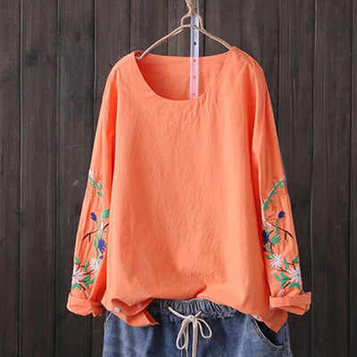 

Fall Women Tops Shirts Long Sleeve Loose Round Neck Embroidery Blouse Plus Size