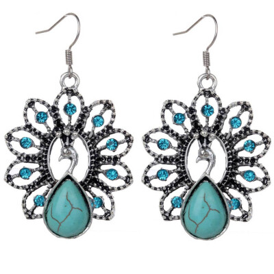 

2019 Fashion New for Women&Girls Hollow Peacock Style Diamond Turquoise Jewelery Earrings