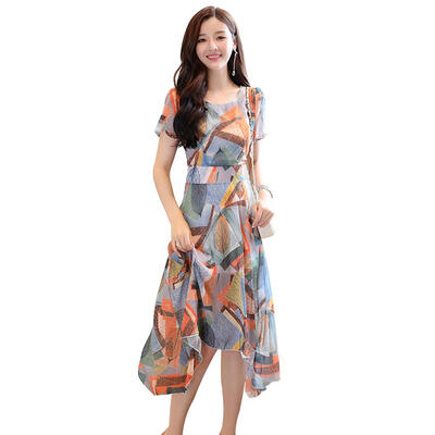 

Elegant Floral Print Dress Women O-neck Splicing Irregular Tunic Dresses