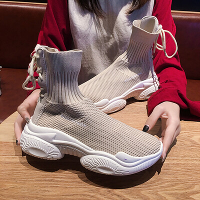 

High-Up Sports Shoes Female Autumn Red&Korean Edition Students Back Lace Elastic ins Super-Fire Socks Shoes