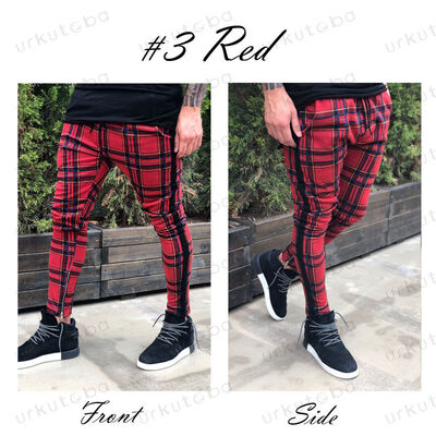 

Men Ankle Zip Plaid Check Casual Trousers Pants Joggers Jogging Slim Fit Skinny