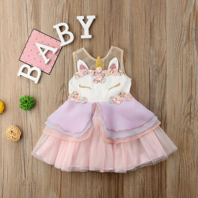 

Flowers Kids Girls Unicorn Chiffon Bridesmaid Party Formal Sleeveless Dress