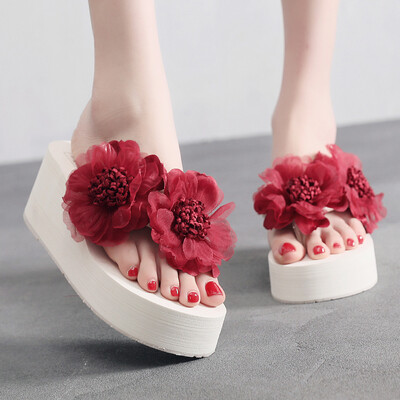 Rose Women Summer Flowers Wild Beach Slippers Fashion Wedges Thick Bottom Flip Flops