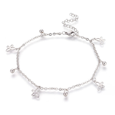 

304 Stainless Steel Charm Anklets Butterfly&Round Stainless Steel Color 9-14"235cm 2mm