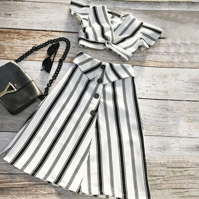 

Kids Baby Girls Sleeveless Crop TopsA-line Skirt Striped Clothes Outfit Set