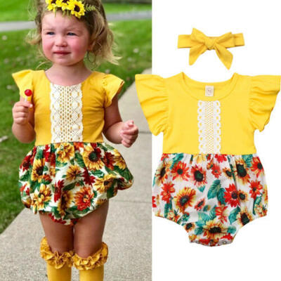 

Newborn Baby Girls Flower Ruffle Bodysuit RomperHeadband Clothes Outfits 0-24M