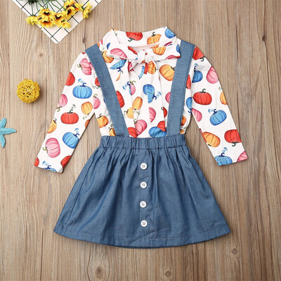 

Toddler Kids Girl Pumpkin Print Clothes Shirt Top Bib Skirt Halloween Outfit Set