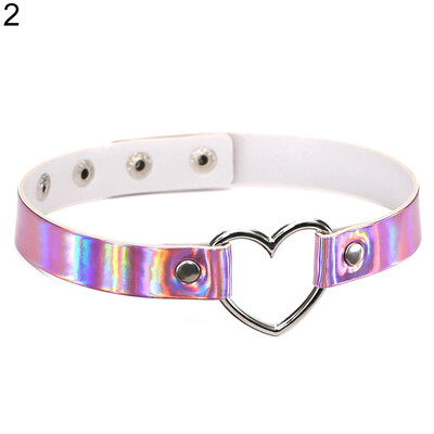 

Womens Chic Holographic Metal Open Heart Faux Leather Necklace Choker Gift