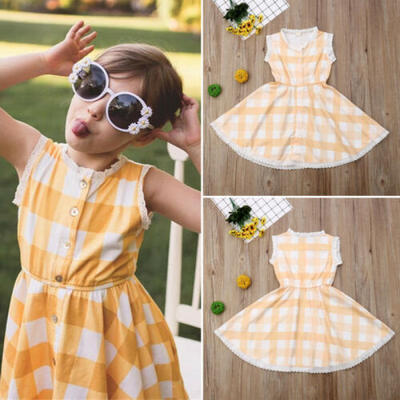 

US Stock Toddler Kid Baby Girl Dresses Sleeveless Plaid Lace Party Casual Dress