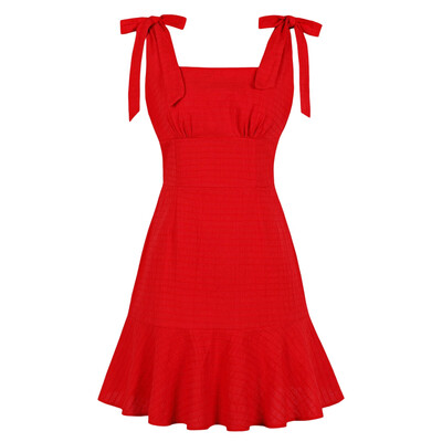 

Solid Color Women Dress Square Neck Knotted Strap Zipper V Back