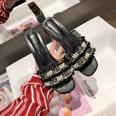 

Slippers women wear summer Korean version of Joker Beaded word drag fashion low heel fairy sandals
