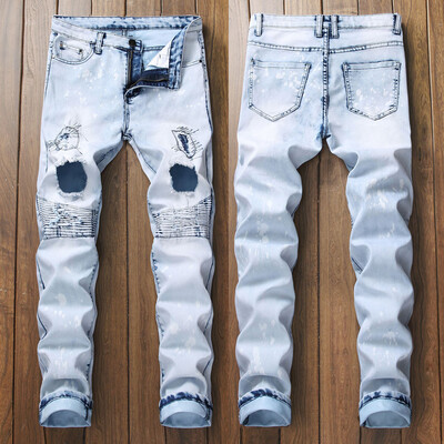 

Gobestart Mens New Fashion Personality Embroidered Hole Zipper Stretch Denim Trousers