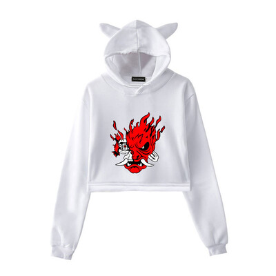 

Devil Pattern Print Long Sleeve Women Cute Cat Ears Cropped Hoodies Hooded Sweatshirt Pullover Crop Tops