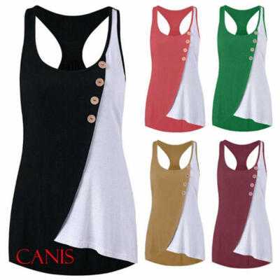 

Fashion Women Tank Top Asymmtric Color Matching Hips Sleeveless Button Vest Tops