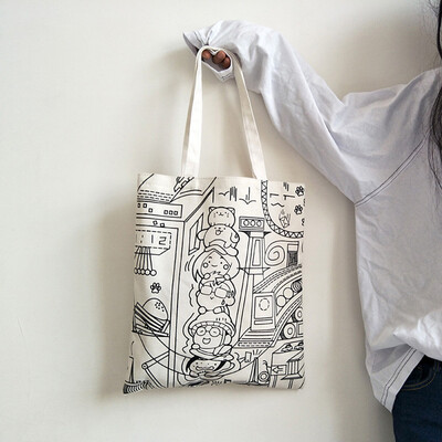 

Tailored Fashion Women Canvas Printing Art Reusable Shoulder Bags Handle Shopping Bags