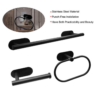 

304 Stainless Steel Bath Towel Toilet Paper Holder Modern Black Punch-Free Practical Towel Ring-Holder Toilet Roll Bracket
