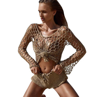 

Sexy Women Transparent Knitted Swimwear Cover Up Hollow Out O Neck Long Sleeve Beachwear