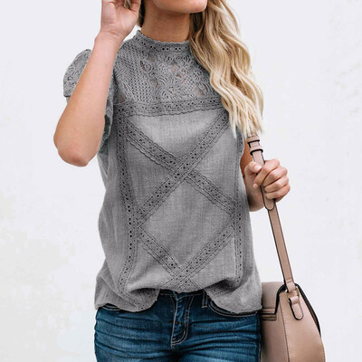 

Nomeni Womens Lace Patchwork Flare Ruffles Short Sleeve Cotton Shirt Blouse Top Plus