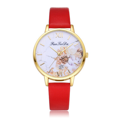 

FanTeeDa Brand Women Print Big Dial Watch Ladies Leather Quartz Watches Gold Color Flower Dress Wristwatch Female 533