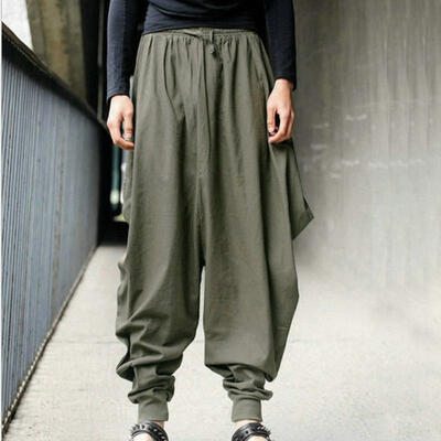 

Summer New Mens Retro Casual Harem Pants Cool Elastic Waist Culottes Wide Legs Loose Low Cross Pants