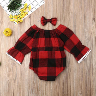 

Newborn Long Sleeve Bodysuits Baby Girl Red Plaid Bowknot Romper Jumpsuit Headband Clothes 2Pcs Set