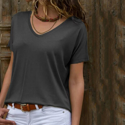 

Nomeni Women Fashion Solid Loose V-Neck Short Sleeve Casual Top Blouse T-Shirt