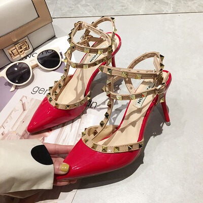 

French girl high-heeled shoes summer fine&pointed black sexy single-layer metal wicker sandal