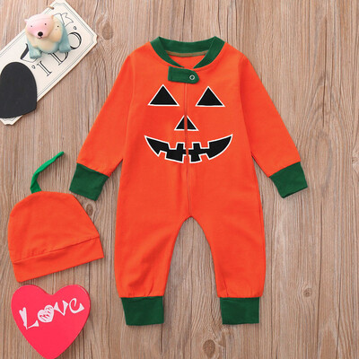 

Newborn Baby Halloween Boy Clothes Long Sleeve Cartoon Print Romper Cap Jumpsuit