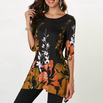 Summer Womens T-shirt Casual Floral Print Half Sleeve Round Neck Tops Blouse