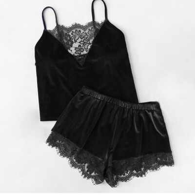 

Women Sling Pajamas Set Solid Color Lace Girls Sleeveless Nightwear Tops Shorts