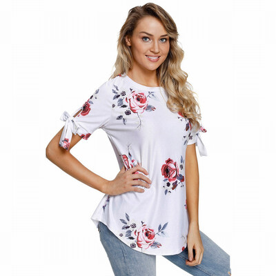 

Round neck short sleeve floral print shirt bohemian straight shirt womens