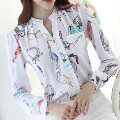 

Fashion Trend Slim Womens Printed Blouse Korean Style Long-sleeved Chiffon Shirt