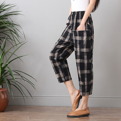 

Tailored Womens Cotton And Linen Plus Size lattice Easy Haren Pants Ninth Pants