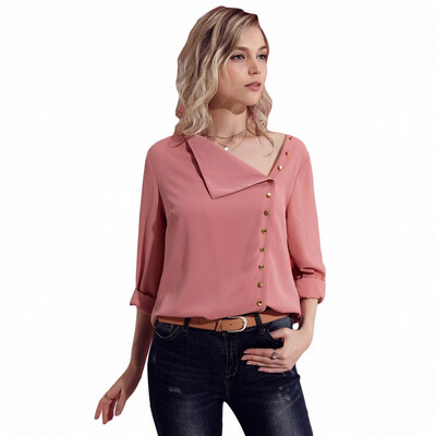 

Solid color lapel asymmetric button long sleeve casual white collar blouse top