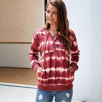 

Fashion Autumn Women Sweatshirt Gradient Color Block Hooded Criss Cross Bandage Long Sleeve Pocket Casual Tops Blouse BlueRed