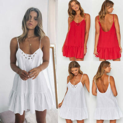 

US Womens Boho Solid Mini Maxi Dress Evening Party Beach Dresses Summer Sundress