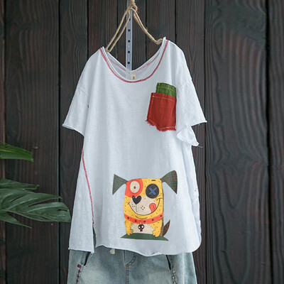 

Roseonmyhand Fashion Womens Plus Size Casual Tops Cartoon Print Patch O-Neck Pocket T-Shirt