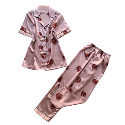 

Toponeto Women Simulation Silk Print Pajamas Sleepwear Long Trousers Nightwear Set