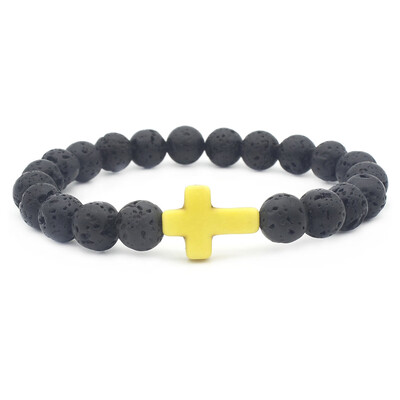 

8mm Lava Stone Beads Turquoise Cross Elastic Bracelet Essential Oil Perfume Diffuser Bracelet
