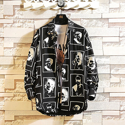 Tailored Mens Autumn New Casual Fashion Print loose Lapel Long Sleeve Shirt Tops