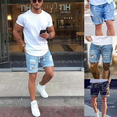 

Men Ripped Destroyed Skinny Runway Straight Elastic Slim Denim Biker Jean Shorts