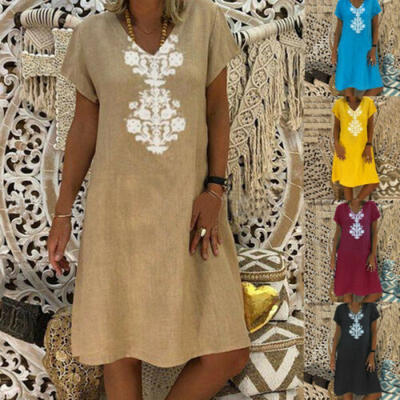 

Womens Ladies Short Sleeve Boho Print Party Casual Maxi Dress Sundress Summer